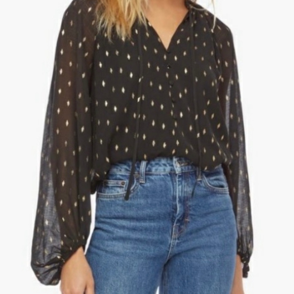NWOT Blu Pepper Boho Black and Gold Sheer Blouse Peasant Style Balloon Sleeves M